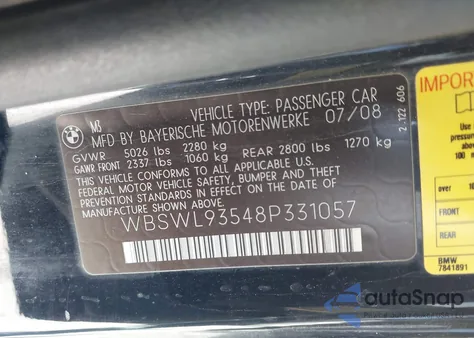 2008 BMW M3 from USA, damaged, VIN WBSWL93548P331057
